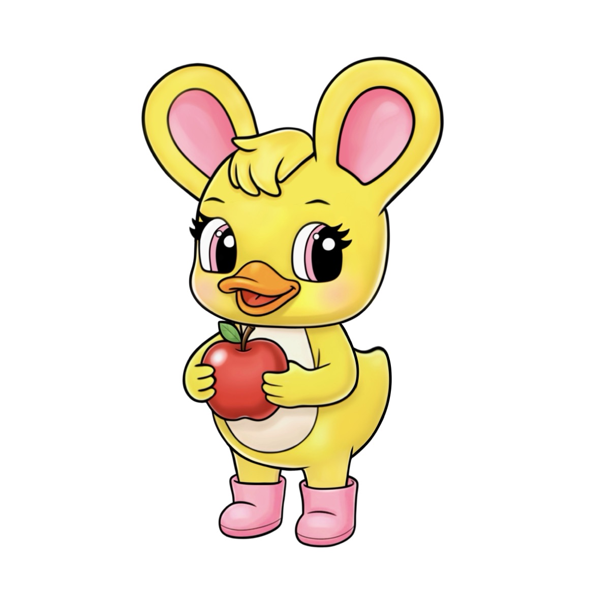 Duxelina, a smiling yellow duck with big pink ears, holding a red apple