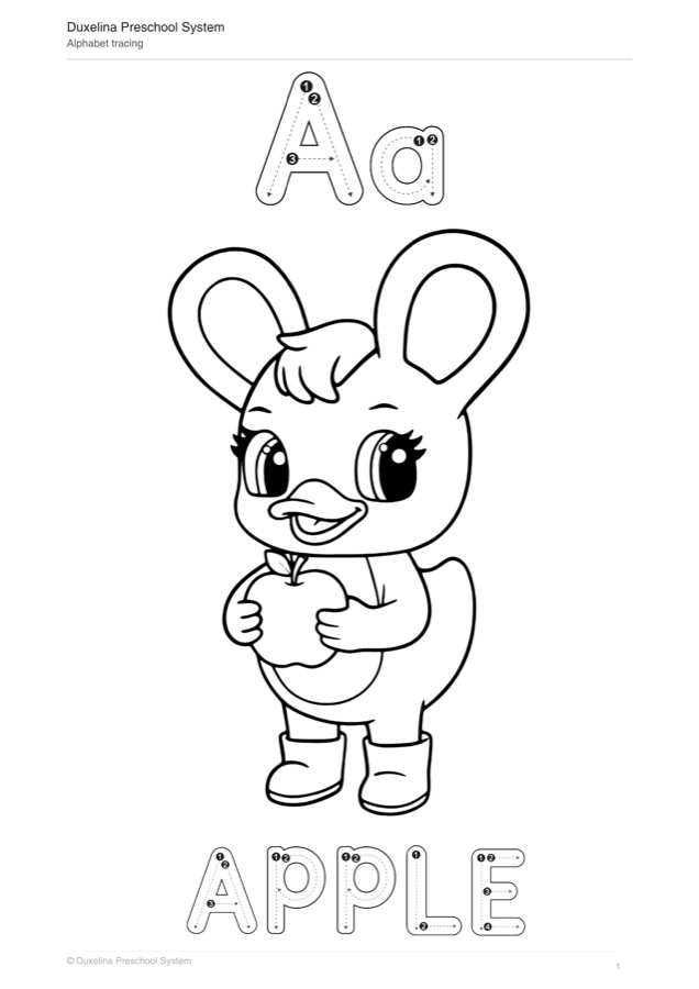 Sample page: a large outlined letter A with Duxelina holding an apple, ready to color.