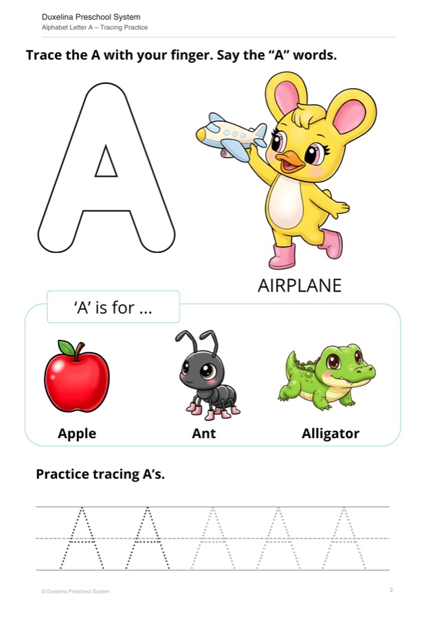 Sample page: A is for Apple, Ant and Alligator, with Duxelina holding a paper plane.