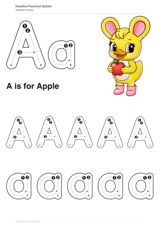 Sample page: tracing rows of capital and lowercase A, paced for small hands.